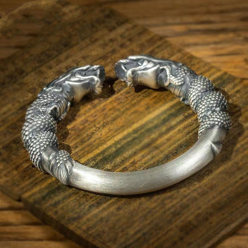 Double dragon twist silver bracelet