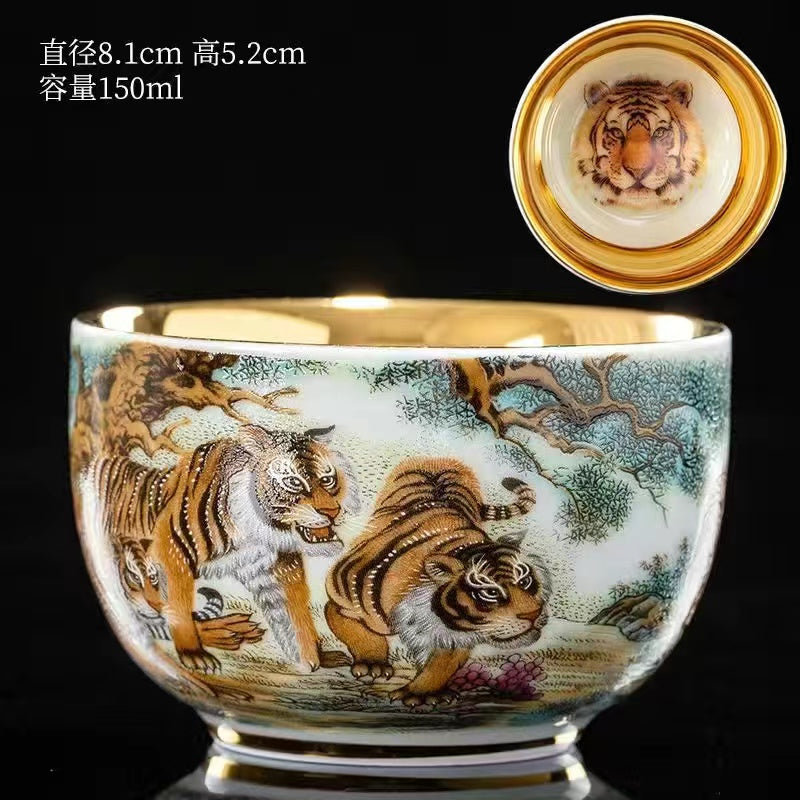 Master Collection----  Hand-painted tiger Gilt Teacup (M450)