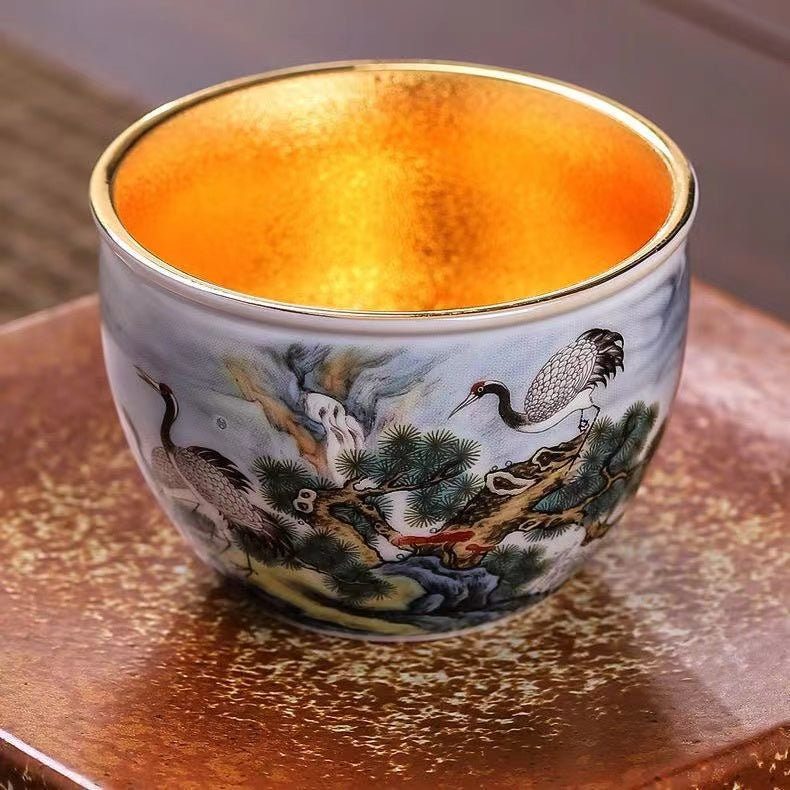 Master Collection---- Hand-painted crane gilt teacup  (M454)