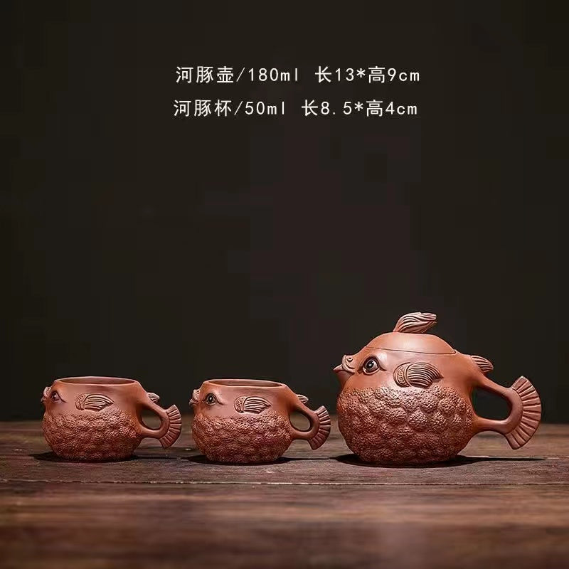 Purple sand handmade puffer fish Teapot/teacup