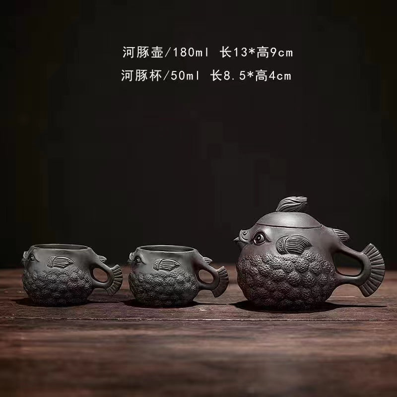 Purple sand handmade puffer fish Teapot/teacup