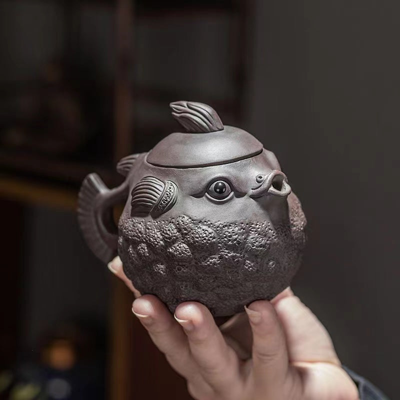 Purple sand handmade puffer fish Teapot/teacup