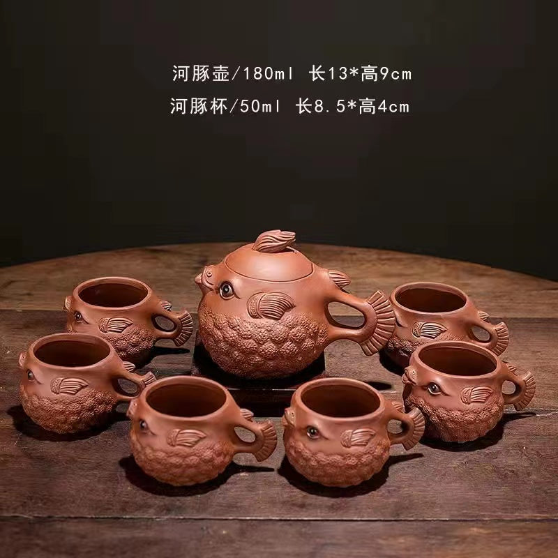 Purple sand handmade puffer fish Teapot/teacup