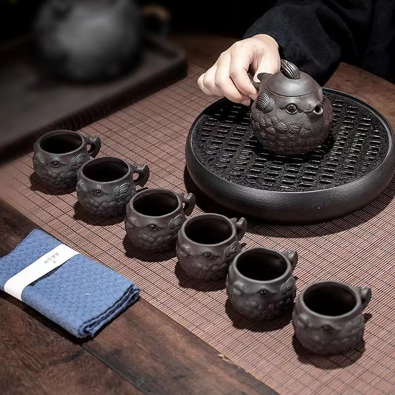 Purple sand handmade puffer fish Teapot/teacup