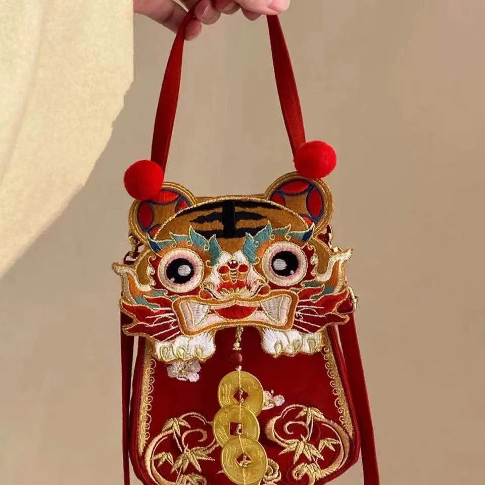 Embroidered Tiger Head Crossbody Bag