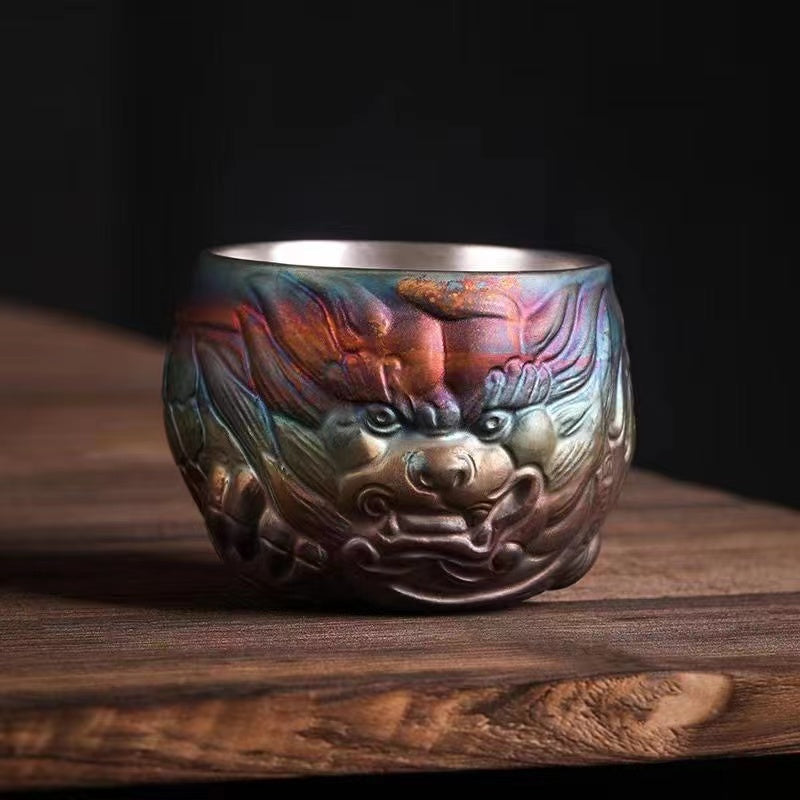 Master Collection----A hand-carved silver hand-carved Qilin teacup from the masterpiece Da Tang kiln Teacup(M455)