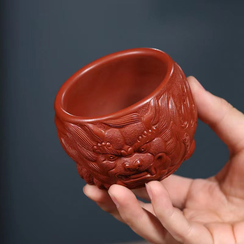 An entirely handmade zisha auspicious shaped lion Teacup