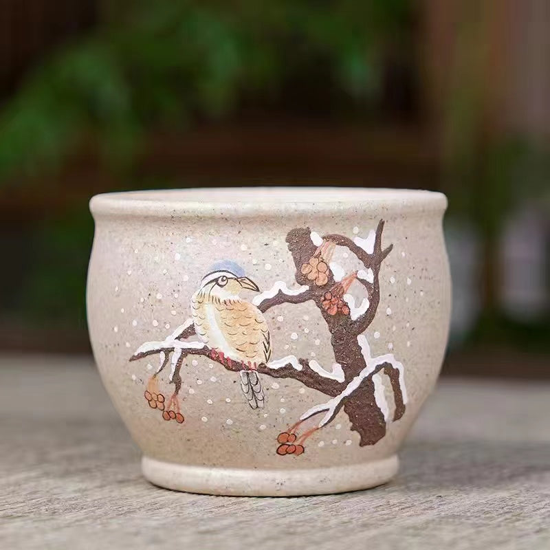 Purple sand painted white jade teacup with flowers and birds Teacup