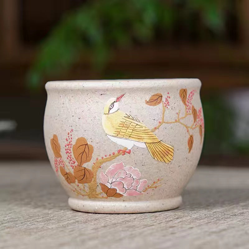 Purple sand painted white jade teacup with flowers and birds Teacup