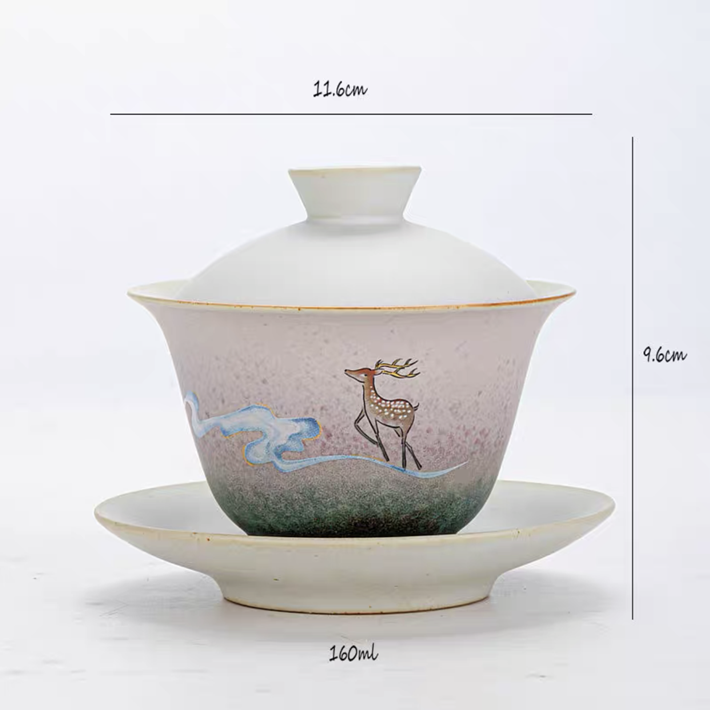 A kiln-formed lidded bowl with auspicious clouds and deer Gaiwan