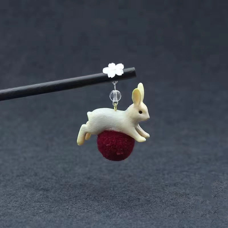 Rabbit hairpin ancient style headdress coiffure wooden hairpin