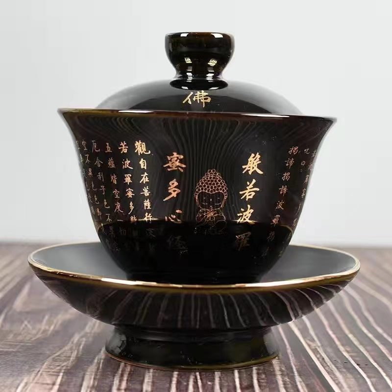 Heart Sutra Covered Bowl Single Sancai Bowl Covered Tea Cup