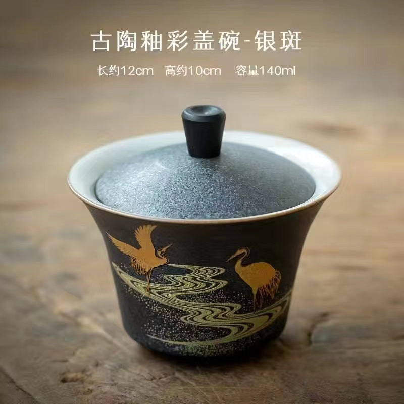 Huan Cai Covered Bowl Tea Cup Vintage Ceramic Dry Brewing Tray