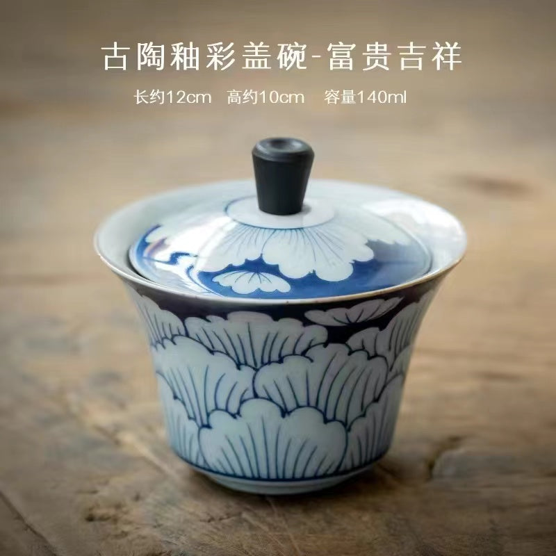 Huan Cai Covered Bowl Tea Cup Vintage Ceramic Dry Brewing Tray