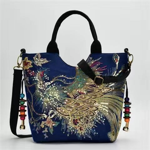 Ethnic style embroidered bag canvas peacock embroidered handbag bag