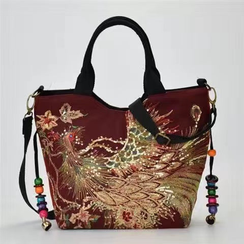 Ethnic style embroidered bag canvas peacock embroidered handbag bag