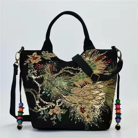Ethnic style embroidered bag canvas peacock embroidered handbag bag