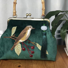 Load image into Gallery viewer, Vintage handmade bird embroidered bamboo handbag bag
