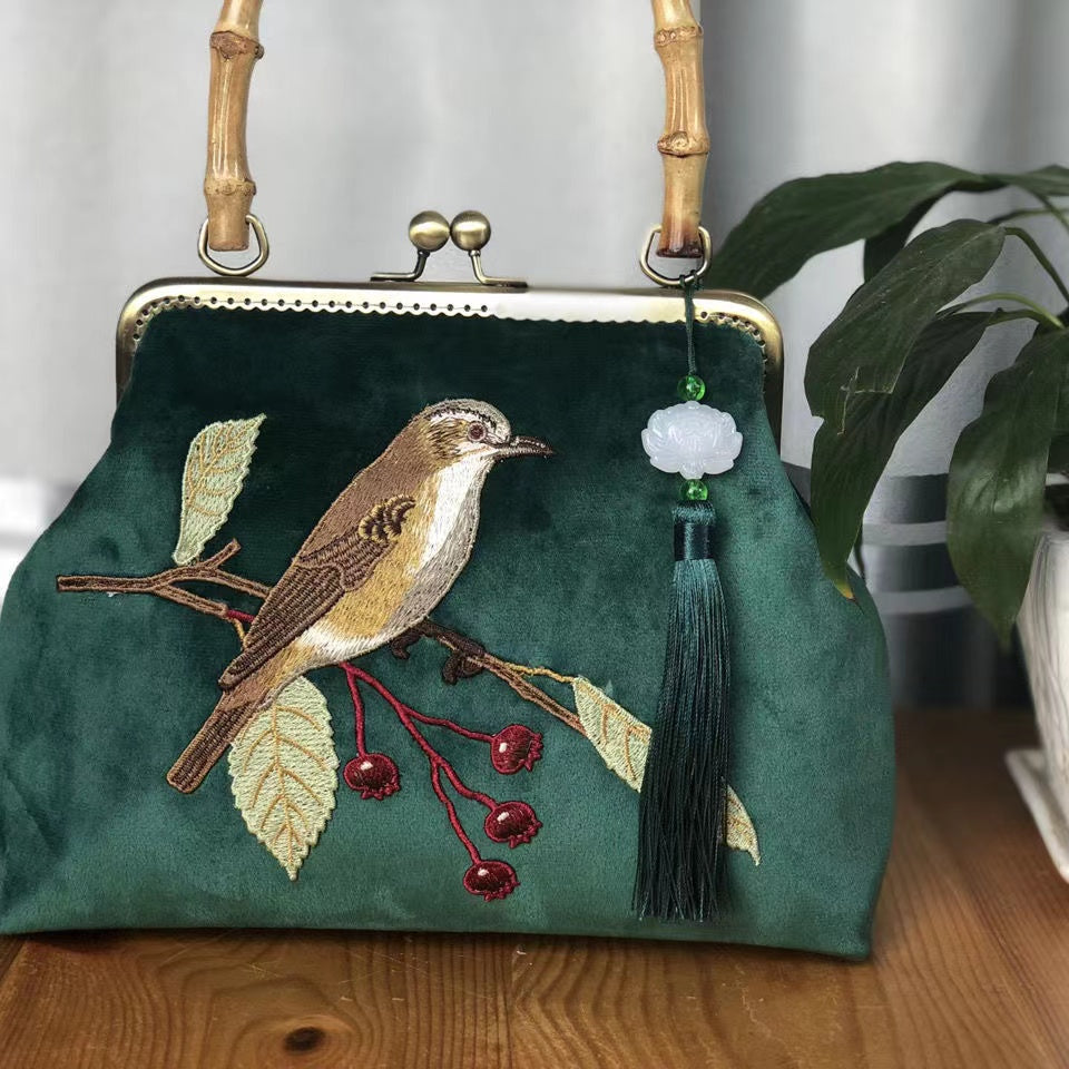 Vintage handmade bird embroidered bamboo handbag bag