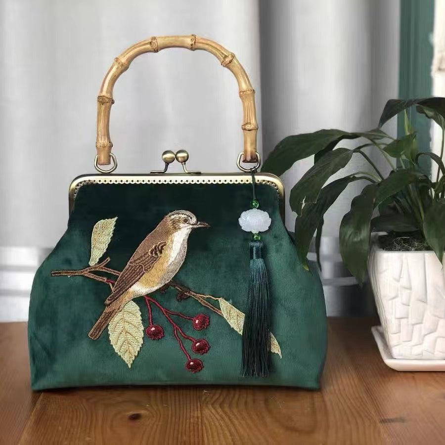 Vintage handmade bird embroidered bamboo handbag bag