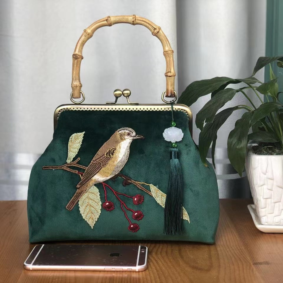 Vintage handmade bird embroidered bamboo handbag bag