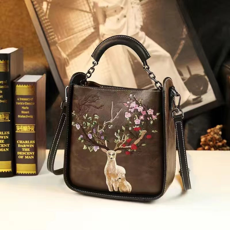 Fawn hand embroidered handbag bag