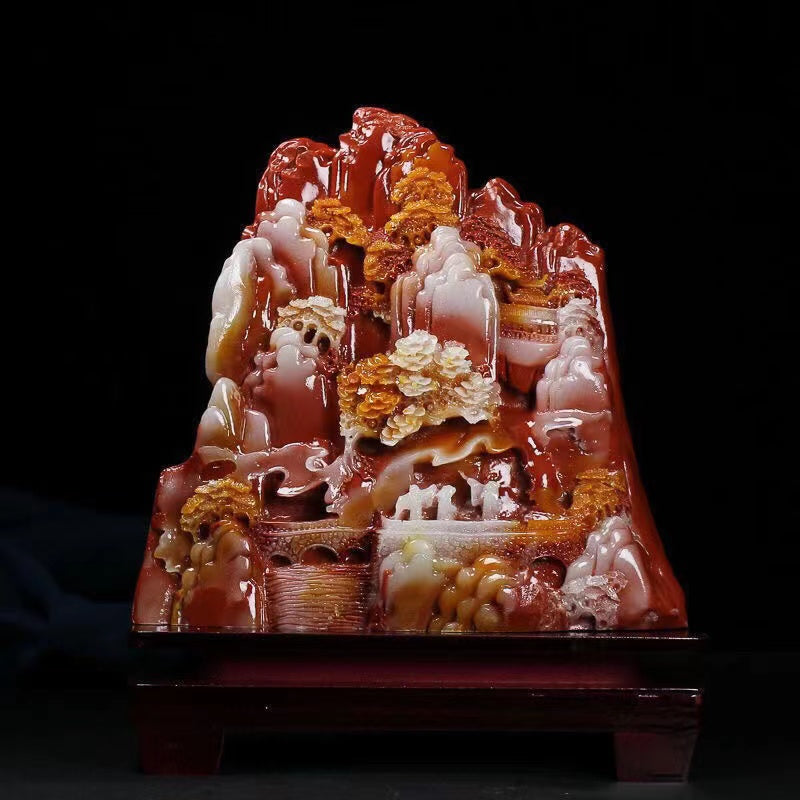 Hand-carved Shoushan Red stone landscape ornament