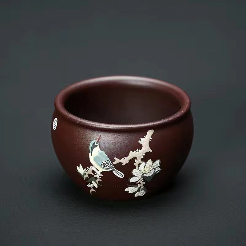 Yixing Purple Sand Handmade Clay Painting Magpie on a Branch Tea Cup