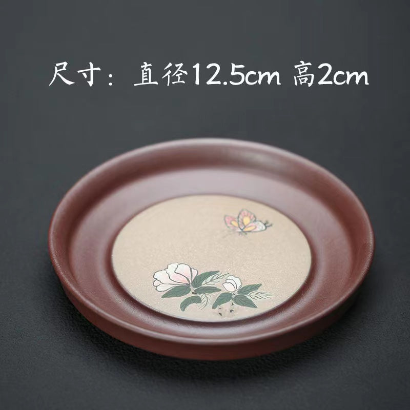 Yixing zisha flower and butterfly full hand-painted clay dry bubble plate mat