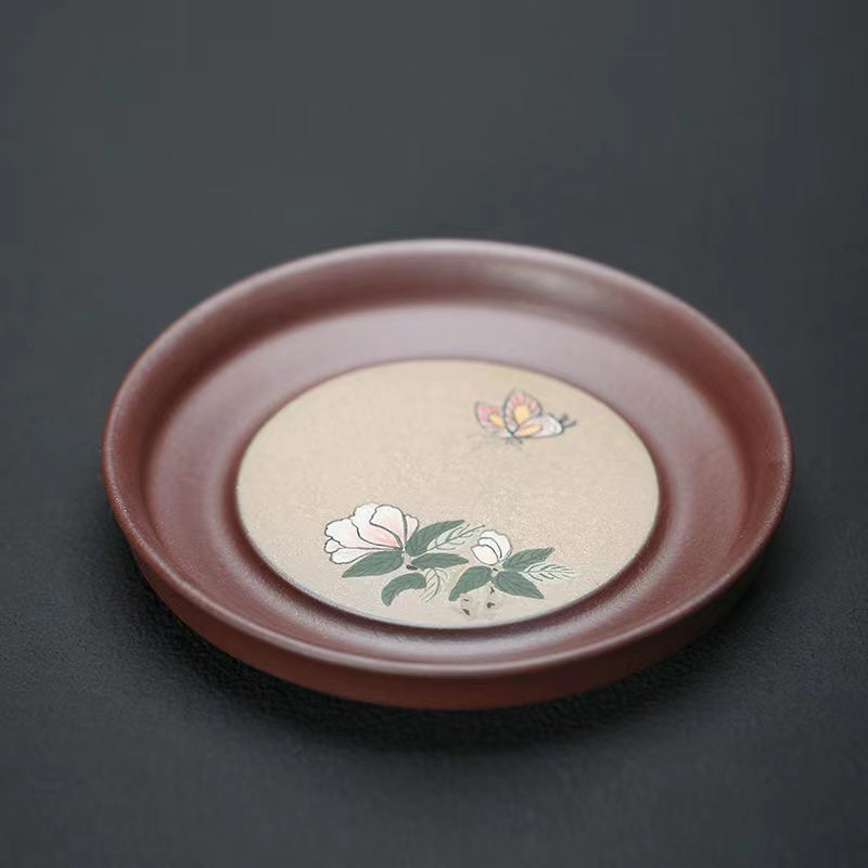 Yixing zisha flower and butterfly full hand-painted clay dry bubble plate mat