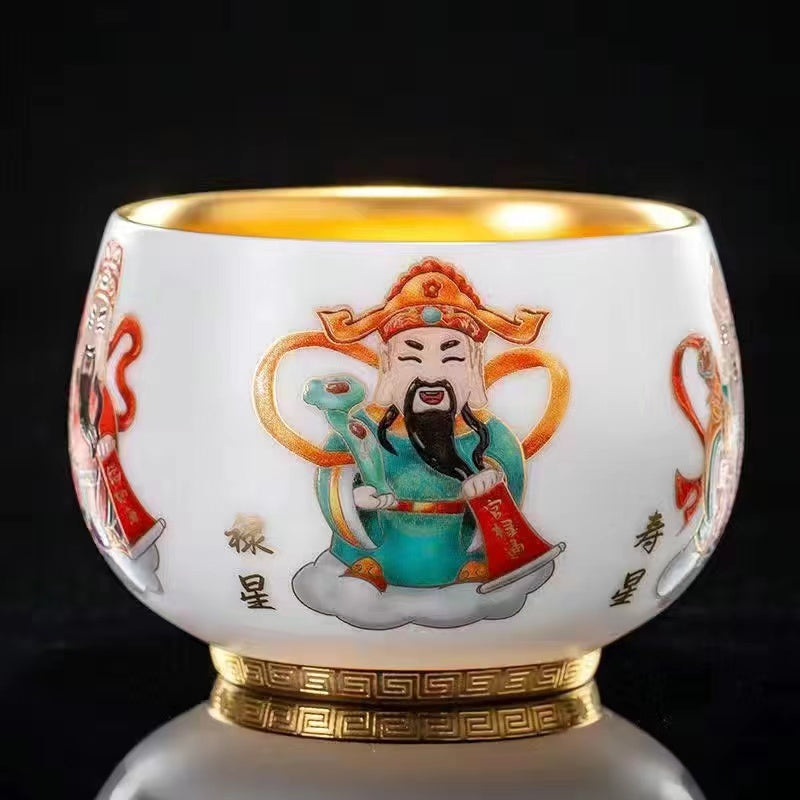 Master Collection---Five gods of fortune, longevity, happiness and wealth golden Tea Cup(M511)