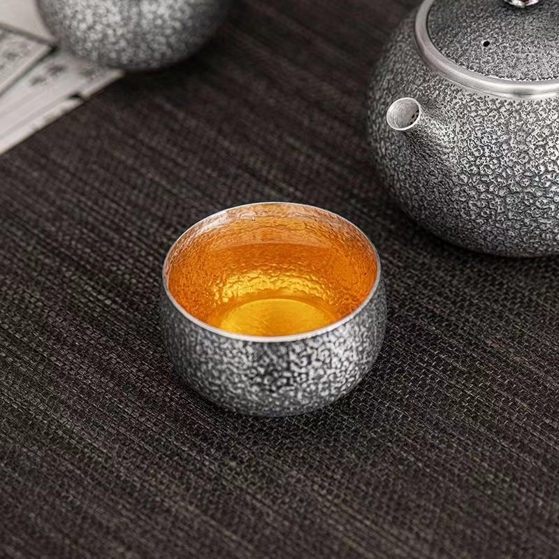 Master Collection---Sterling silver 999 barren earth pattern antioxidant pure handmade Teacup(M521)