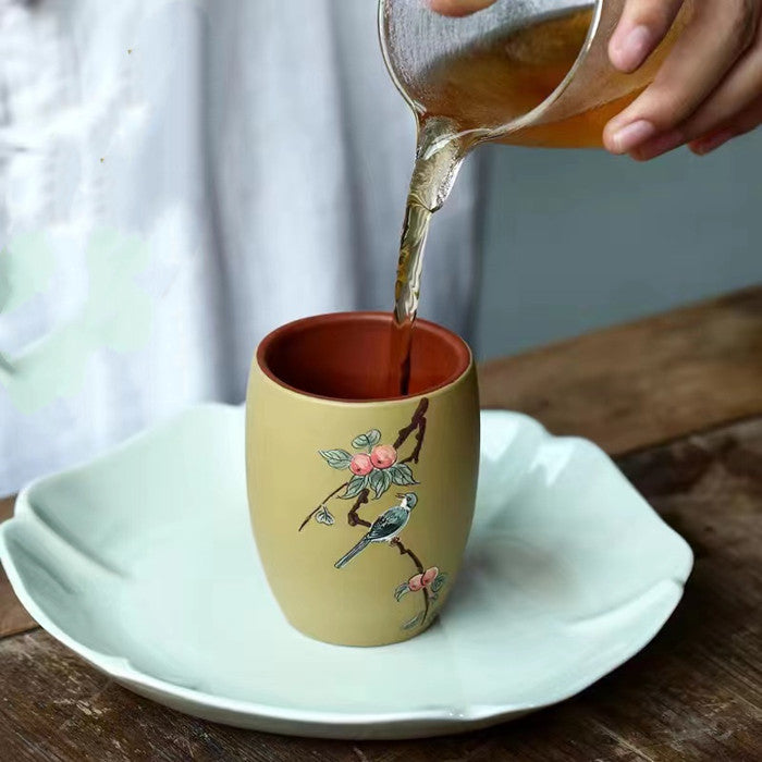 Purple sand flower and bird hand painted clay kung fu Tea cup