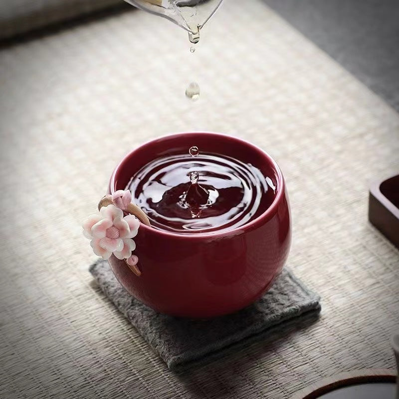 Red hand-kneaded floral Teacup