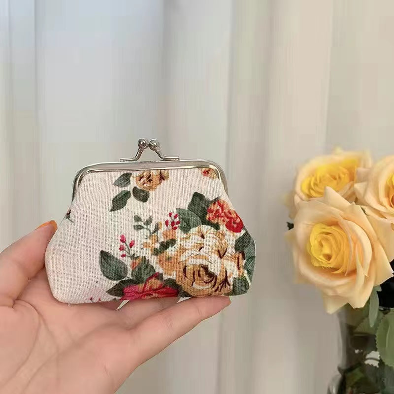 BEMY Dompet Koin Kanvas Mini Vintage Dicetak Dompet Mawar