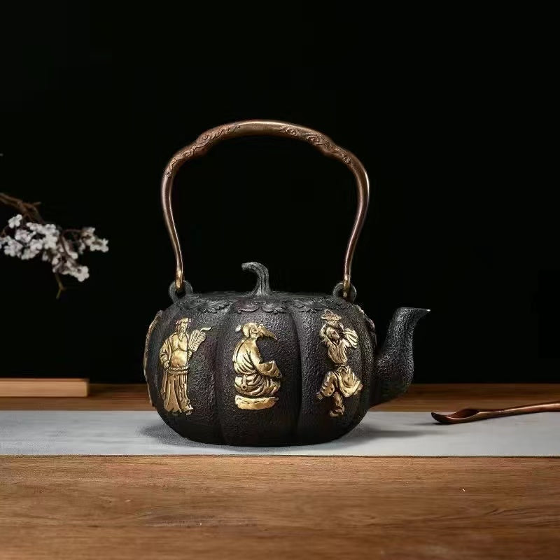 Purely handmade embossed old iron kettle