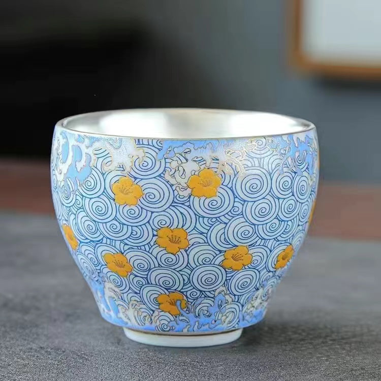 999 silver and enamel ceramic gilt silver kung fu tea cup