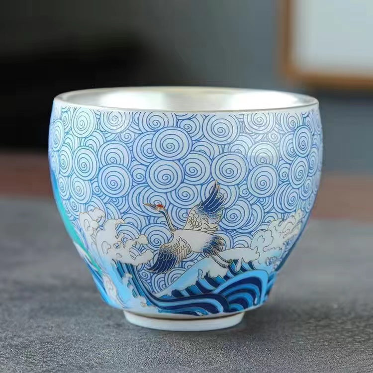 999 silver and enamel ceramic gilt silver kung fu tea cup