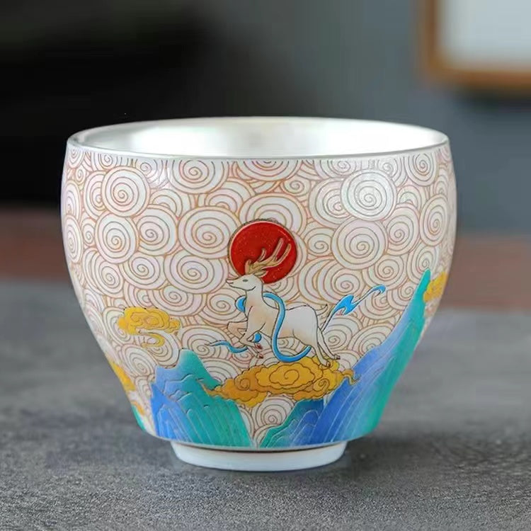 999 silver and enamel ceramic gilt silver kung fu tea cup