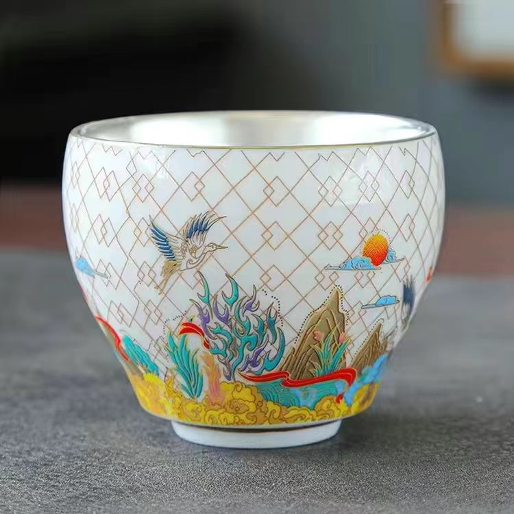 999 silver and enamel ceramic gilt silver kung fu tea cup