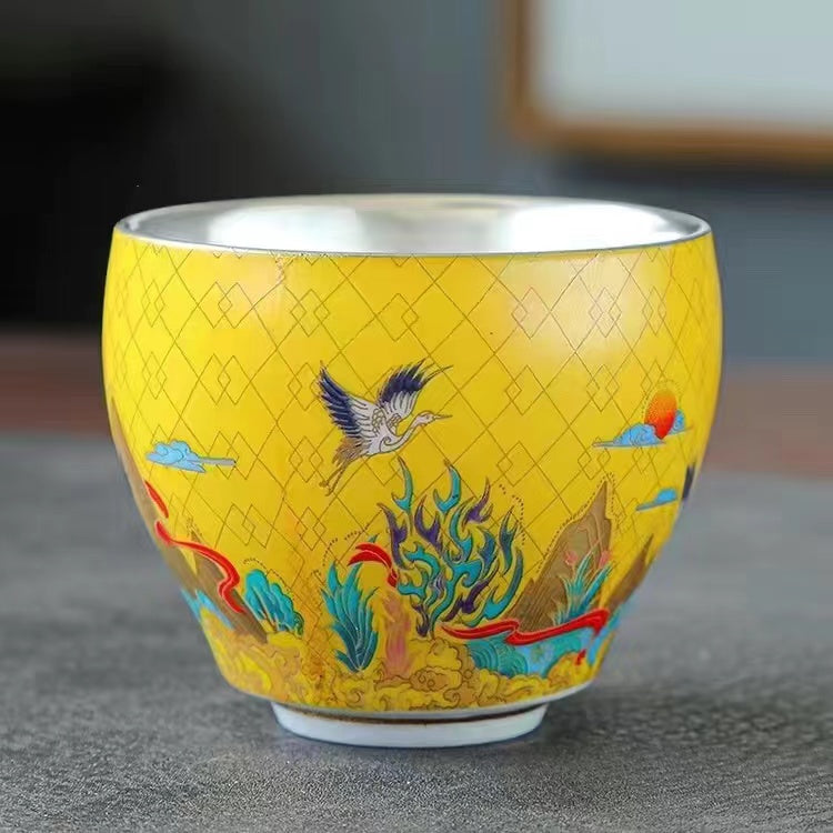 999 silver and enamel ceramic gilt silver kung fu tea cup