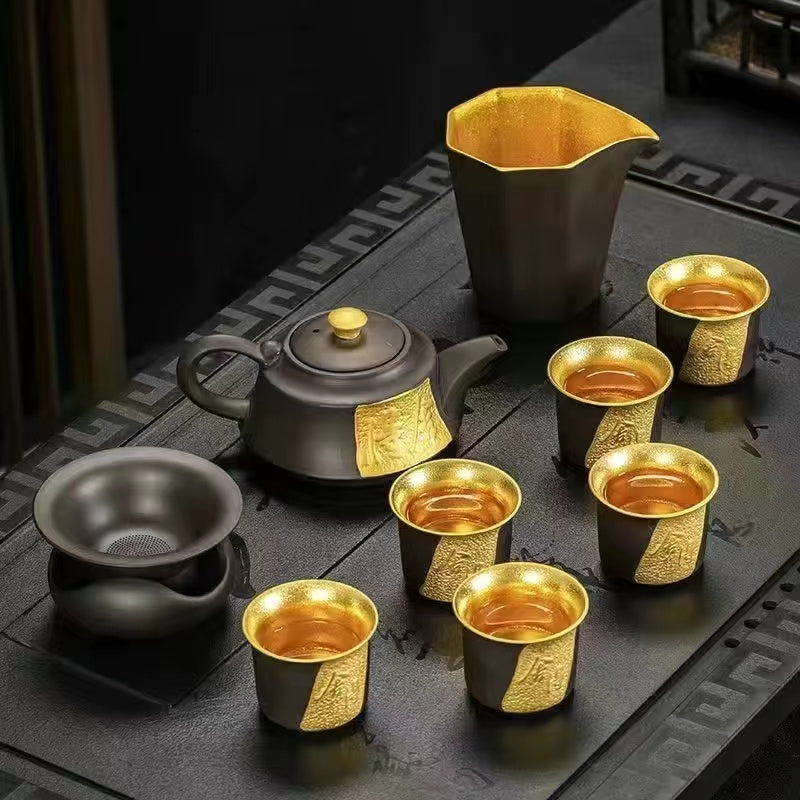 Master Collection------Yixing Purple Clay Gold Inner Pot Kung Fu Tea Set(M536)