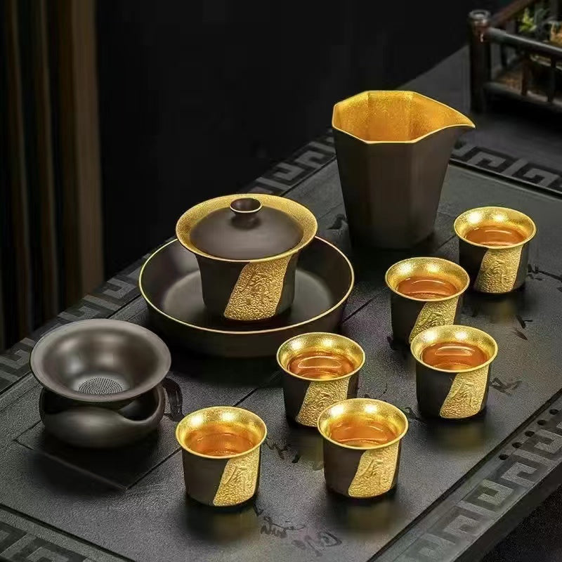 Master Collection------Yixing Purple Clay Gold Inner Pot Kung Fu Tea Set(M536)