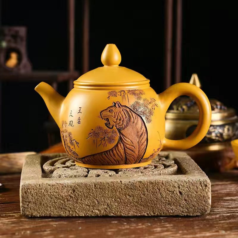 Master Collection------A pure handmade teapot in red clay with relief carving of a Yixing purple sand pot(M539)