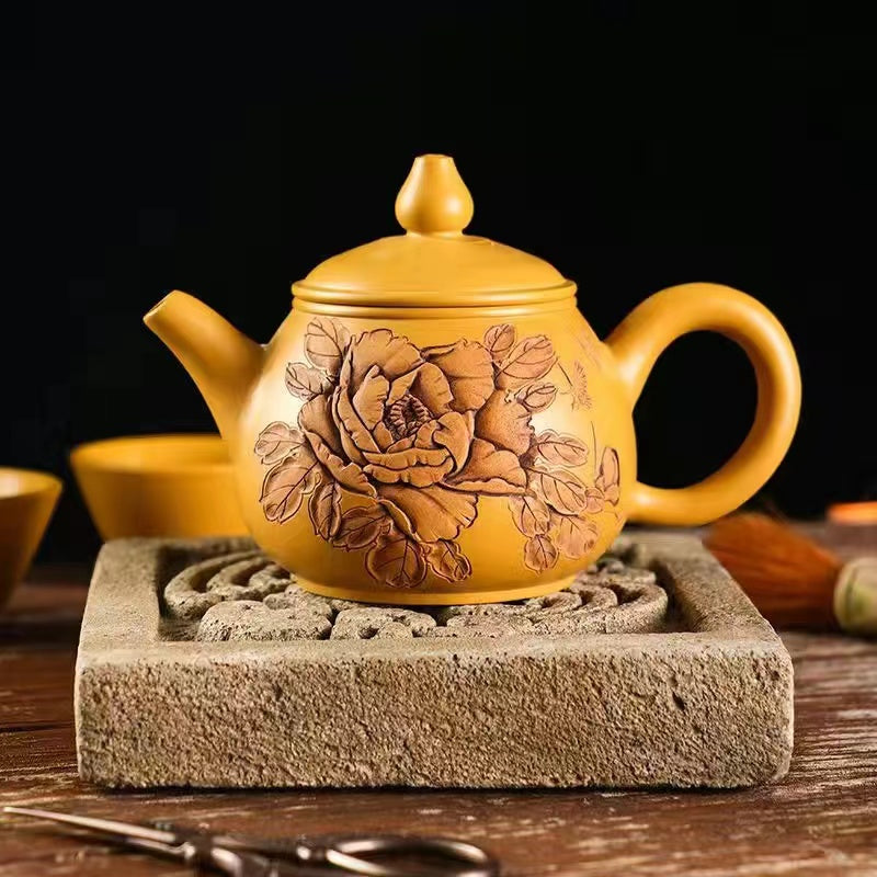 Master Collection------A pure handmade teapot in red clay with relief carving of a Yixing purple sand pot(M539)