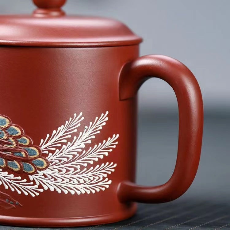 Yixing Pure Handmade Big Red Robe Clay Painted Peacock Purple Sand Mug Mug