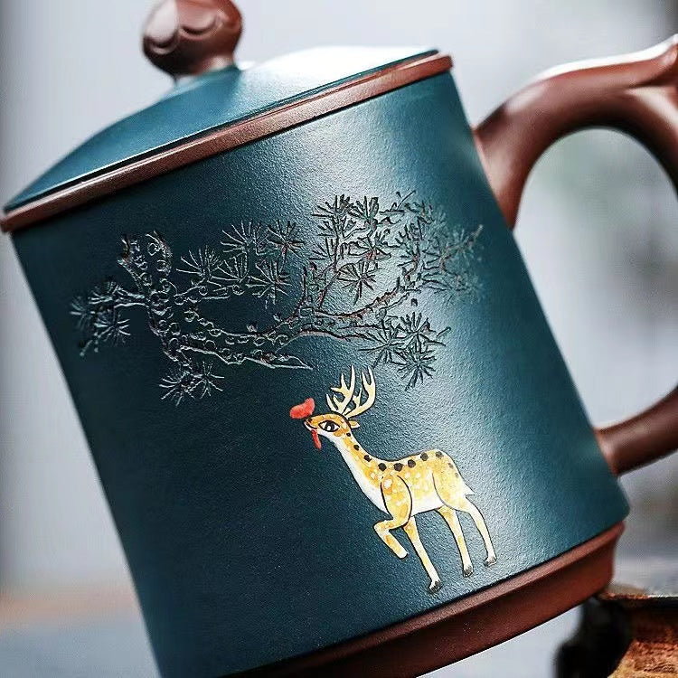 Yixing full hand-engraved and painted yo yo deer singing purple sand tea cup mug