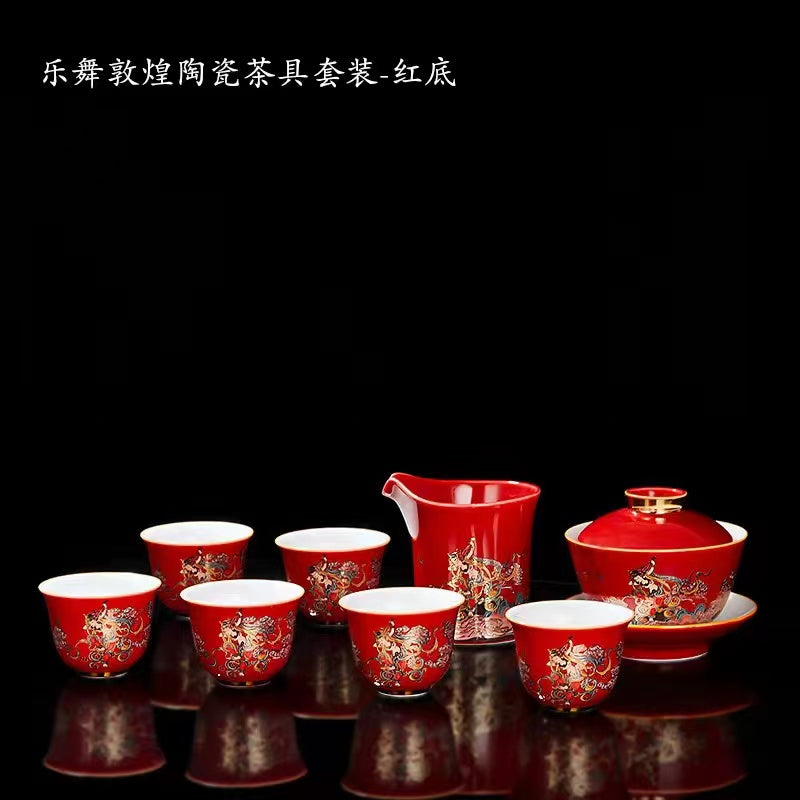 Dunhuang Chinese gold enamel covered bowl white porcelain tea cup set