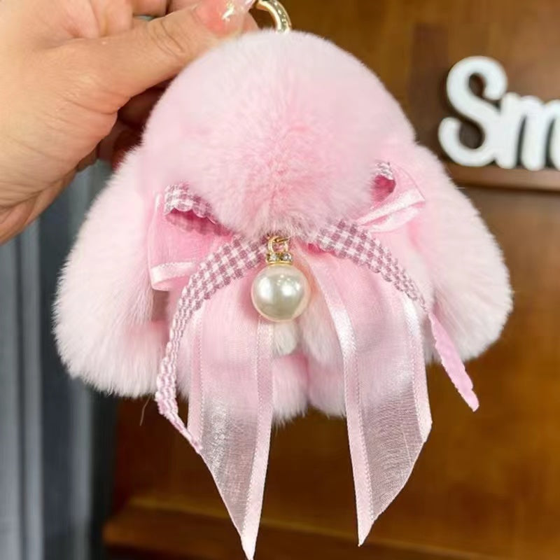 Cute little rabbit fur bow charm keychain