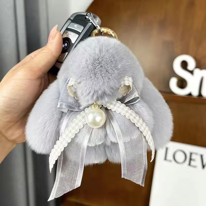 Cute little rabbit fur bow charm keychain